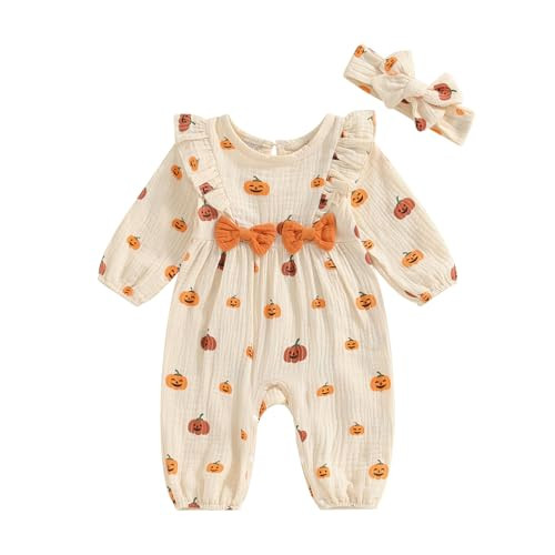 Canrulo Newborn Baby Girl Halloween Outfit Pumpkin Print Cotton Linen Romper Long Sleeve Bow Jumpsuit Headband 2Pcs Fall Set (Apricot, 0-1 Months) | Amazon (US)