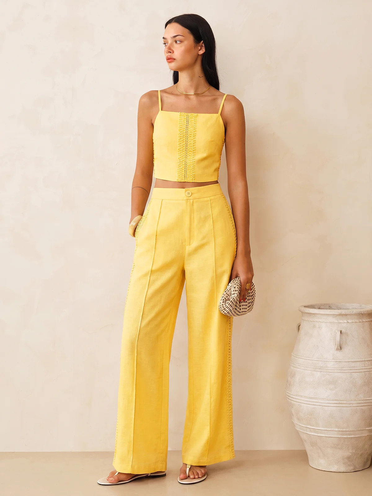 Cotton Linen Lace Trim Cami Top & Pants Set | Commense