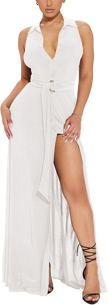 Women's Deep V Neck Long Dresses Sleeveless Collared Button Down High Split Cocktail Wedding Part... | Amazon (US)