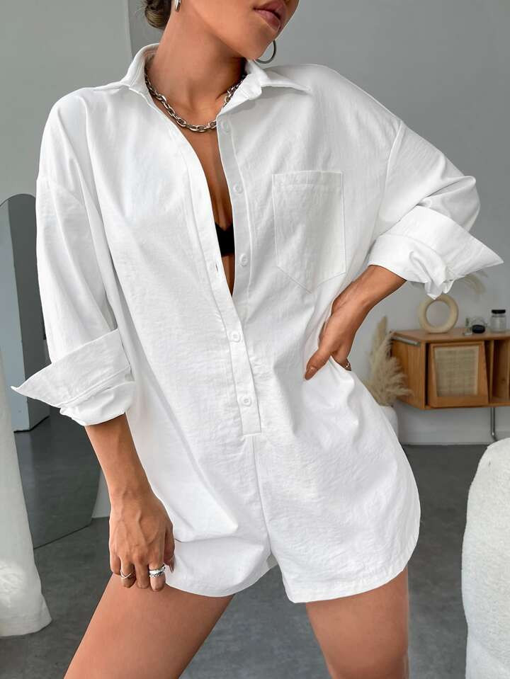 SHEIN EZwear Patched Pocket Drop Shoulder Shirt Romper Without Bra | SHEIN