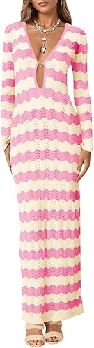 Saodimallsu Womens Crochet Summer Maxi Dress Striped Sexy Cut Out V Neck Long Sleeve Knit Cover U... | Amazon (US)