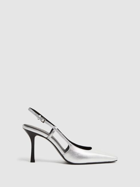Reiss Silver Demi Metallic Slingback Heels | Reiss UK