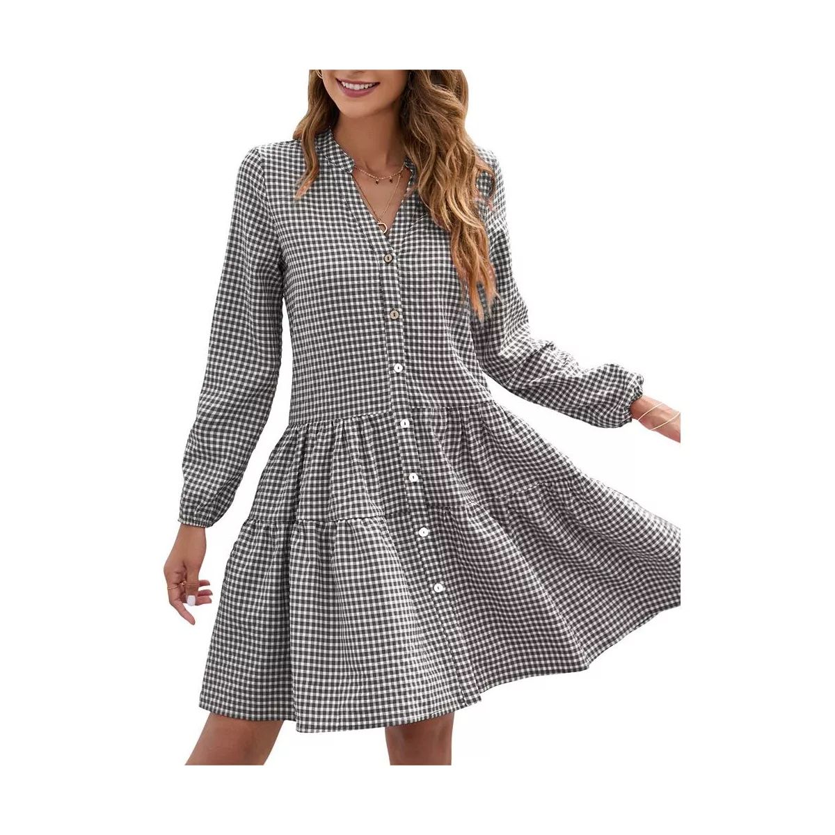 Women's Casual Plaid Dress Long Sleeve V Neck Button Down Short Dress Ruffle Swing Pleated Mini D... | Target