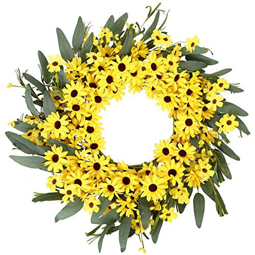 JINGHONG Yellow Spring Wreath 22 Inch Summer Wreath with Sunflower and Daisy Flower Wreaths for Front Door Window Wall Decoration and Indoor Outdoor Decor | Amazon (US)