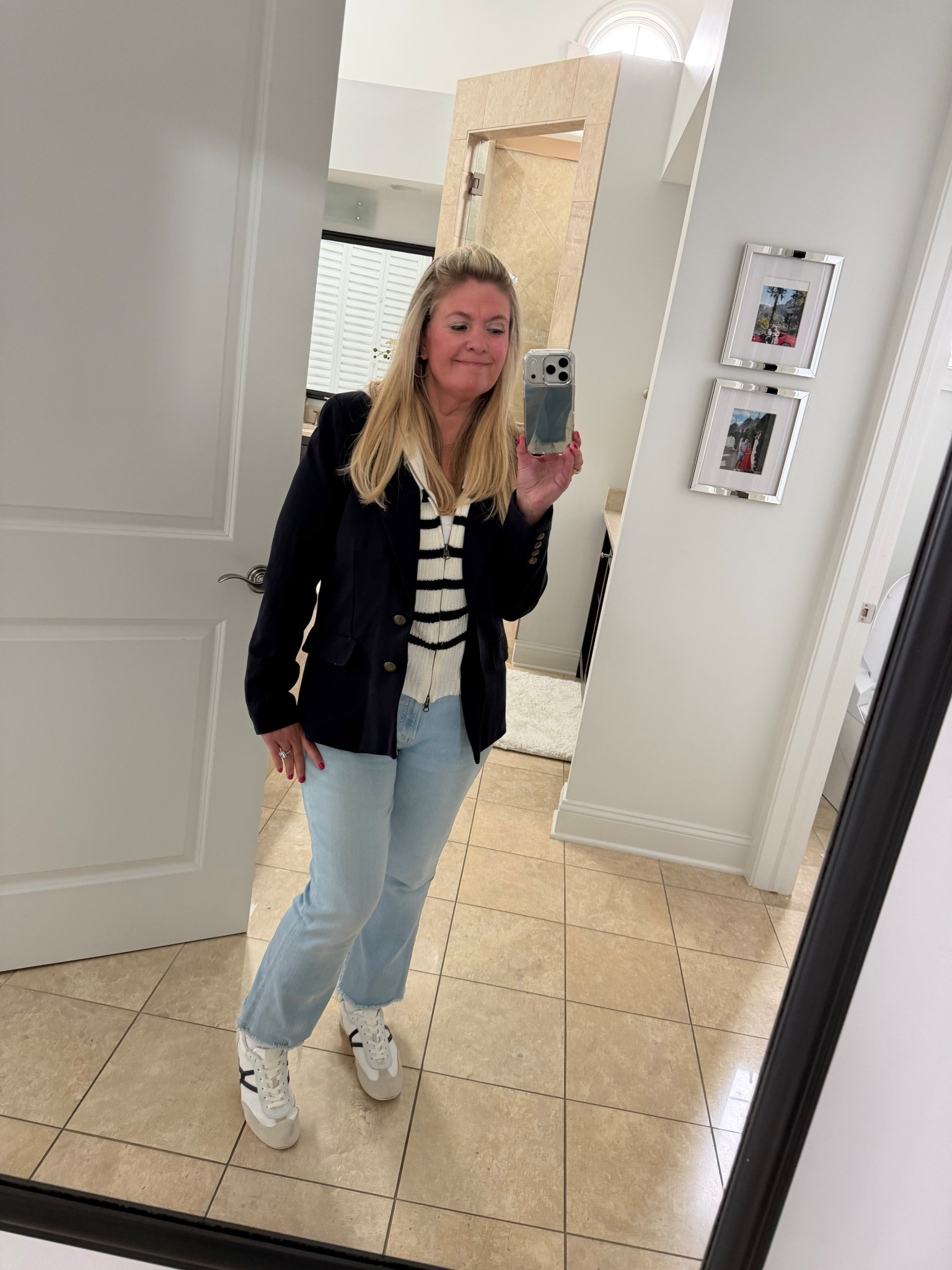 Throw a stripe sweater under your Navy Blazer! Loving my new shoes 

#LTKmomlife #LTKMothersDay