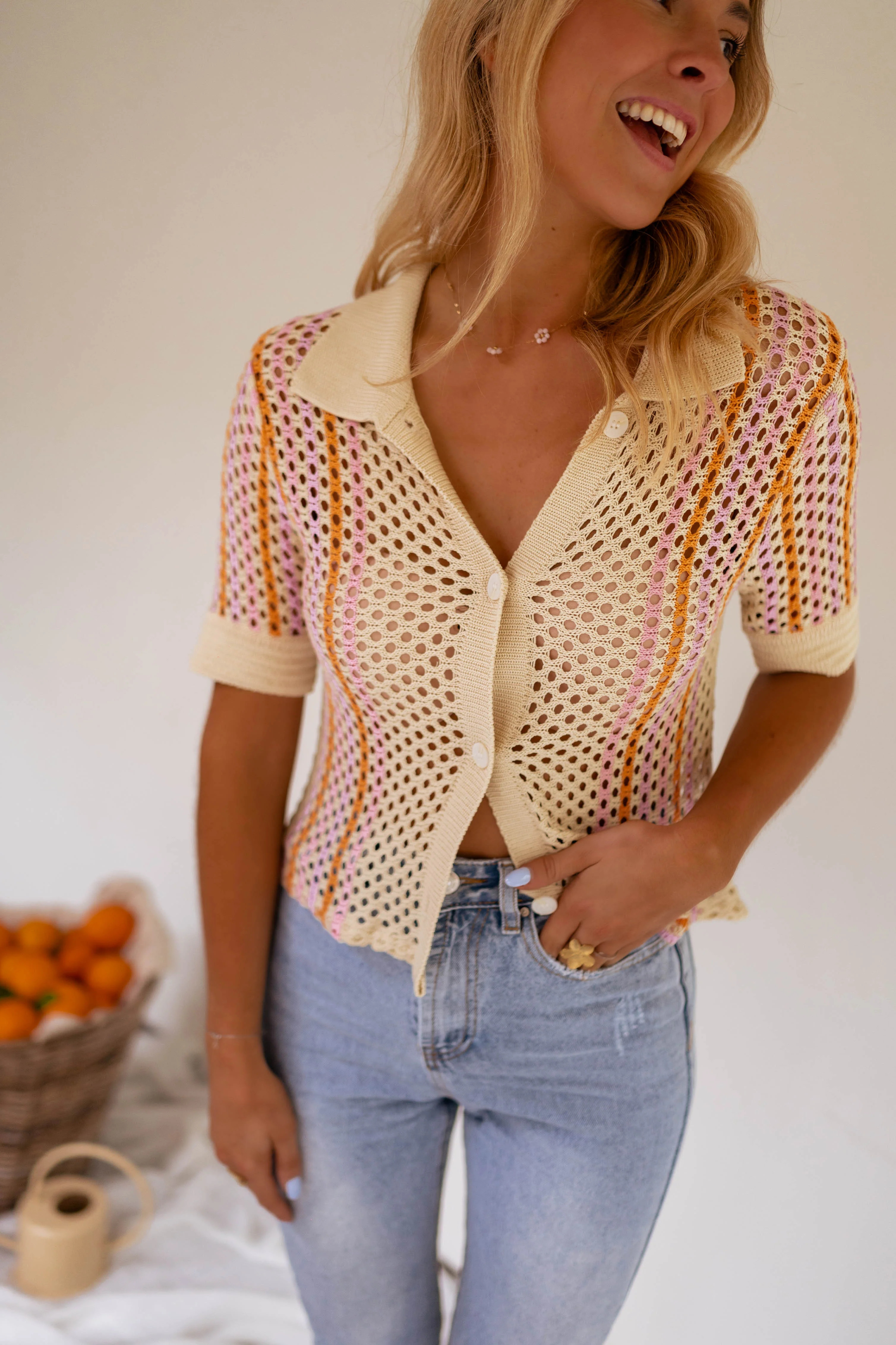 Beige Crochet Lison Polo Shirt | Easy Clothes