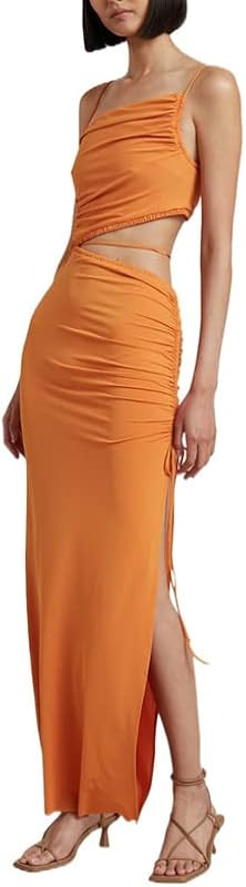 Women Hollow Out Long Dress Sexy Off Shoulder Sleeveless Bandage Cami Dress High Split Ruched Sum... | Amazon (US)