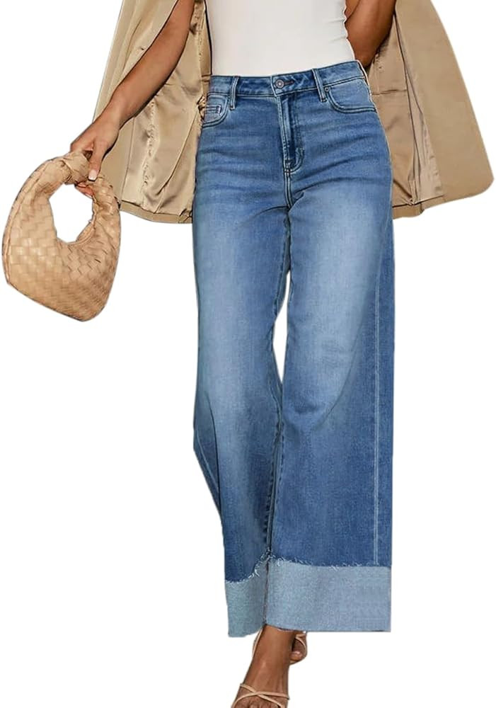 Women's High Waisted Wide Leg Jeans Stretch Frayed Raw Hem Straight Leg Boyfriend Cuffed Jeans Tr... | Amazon (US)