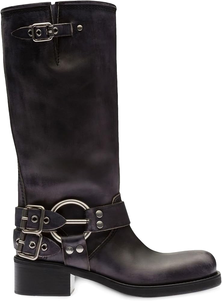 AMINUGAL Knee High Boots Women Square Toe Pull On Boots Wide Calf Riding Boots Fashion Buckles Ch... | Amazon (US)