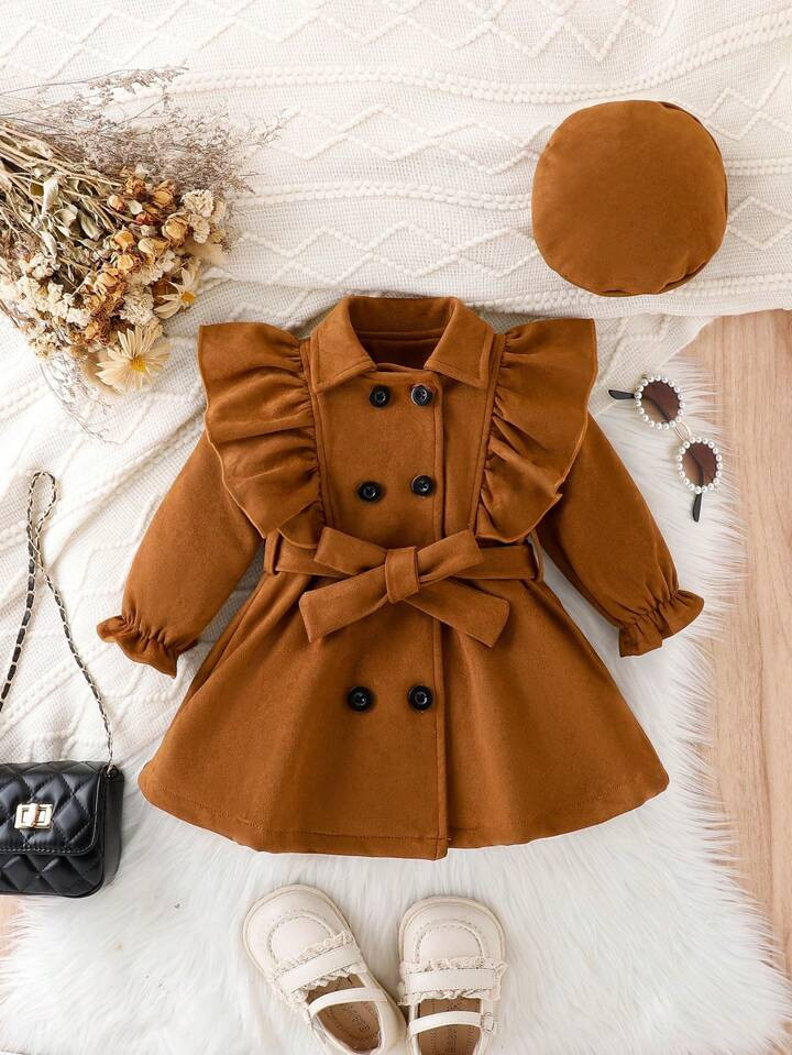 Baby Girl Ruffle Trim Double Breasted Belted Coat & Hat | SHEIN