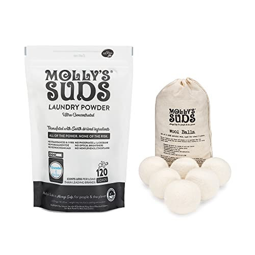 Molly's Suds Unscented Laundry Detergent Powder (120 Loads) & XL Wool Dryer Balls (White) Bundle | Amazon (US)