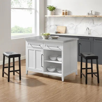 Karlianys Stainless Steel Top Island W/Uph Saddle Stools White/Black - Kitchen Island & 2 Stools | Wayfair North America
