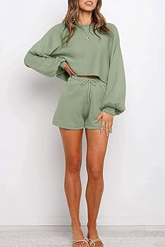 Women's Casual Long Sleeve Solid Color Knit Pullover Sweatsuit 2 Piece Short Sweater Outfits Sets | Amazon (UK)