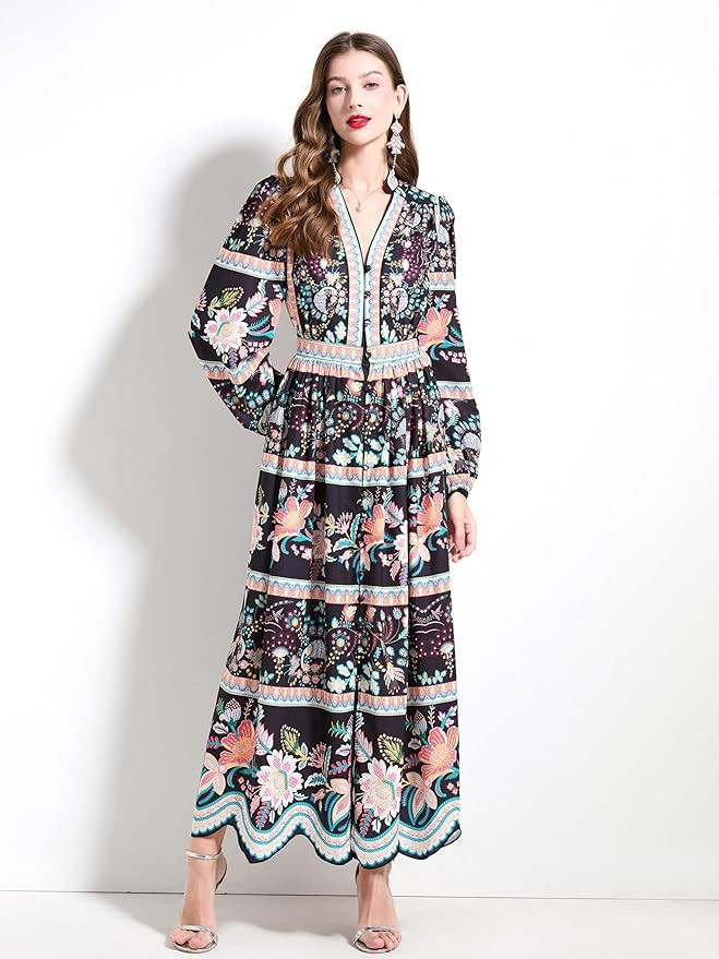 LAI MENG FIVE CATS Women's Casual Floral Print V-Neck Button up Slit Maxi Dress | Amazon (US)