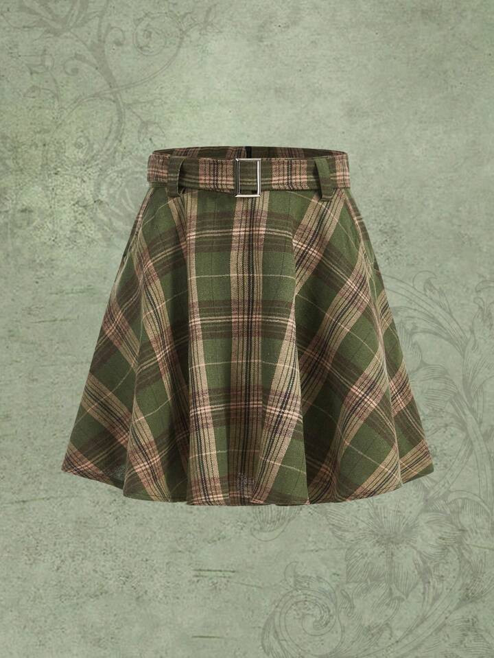 Fairycore Plaid Print Belted Skirt | SHEIN
