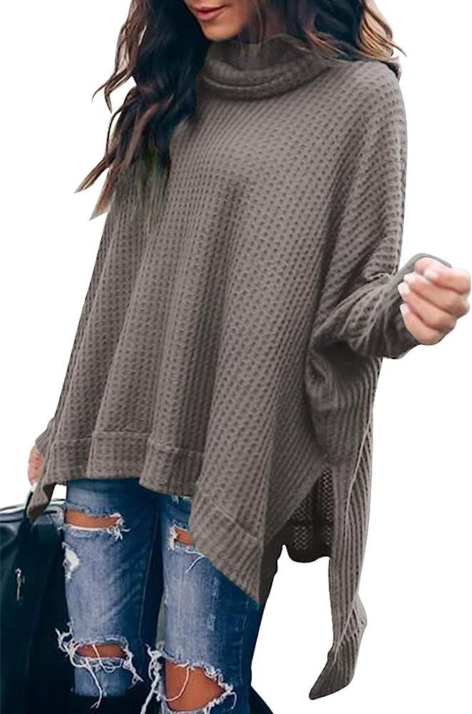 Caracilia Women Turtle Cowl Neck Long Batwing Sleeve Waffle Knit Pullover Sweaters Oversized Loose F | Amazon (US)