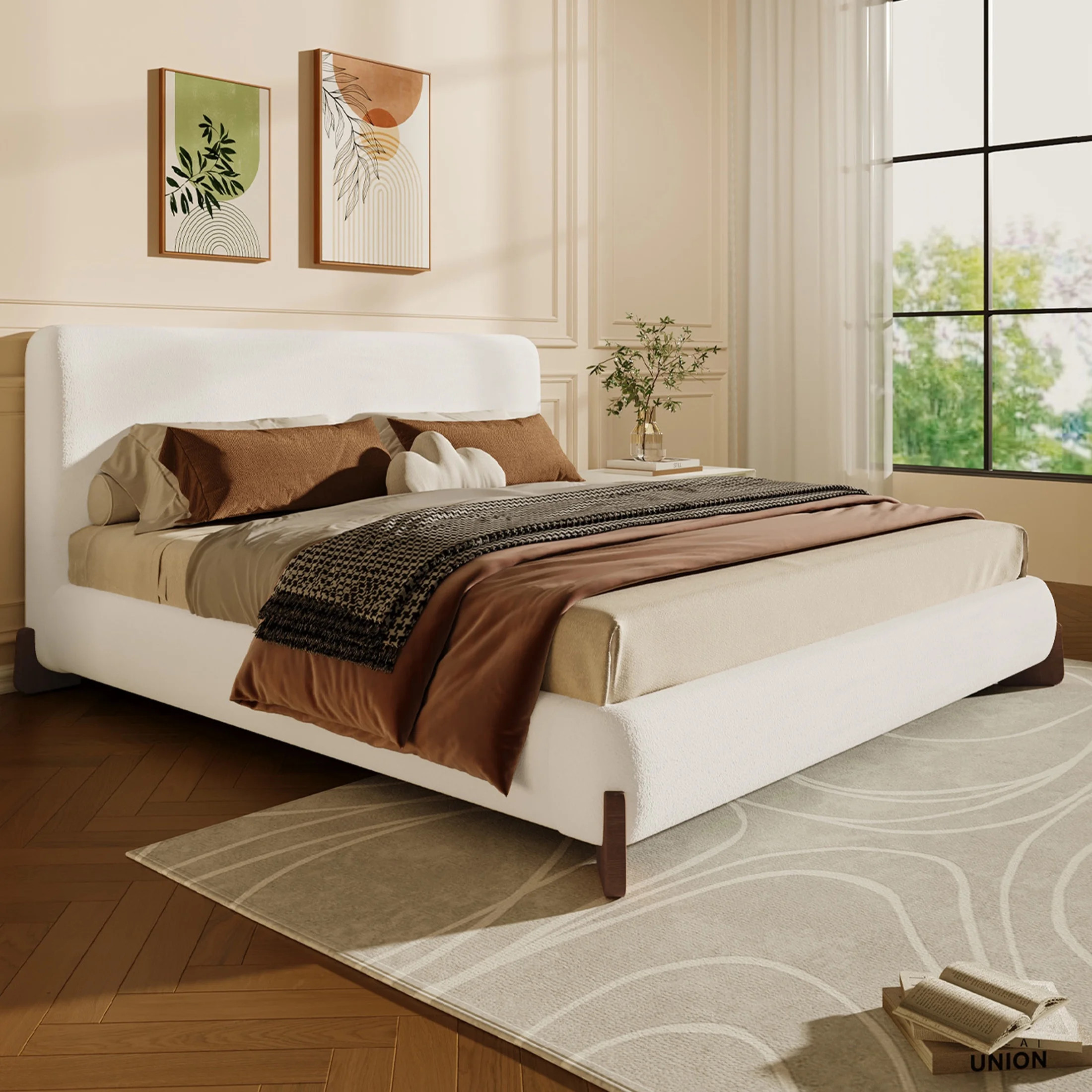 Christopher Knight Home Boucle Upholstered King Bed with Curved Wood legs, White | Walmart (US)