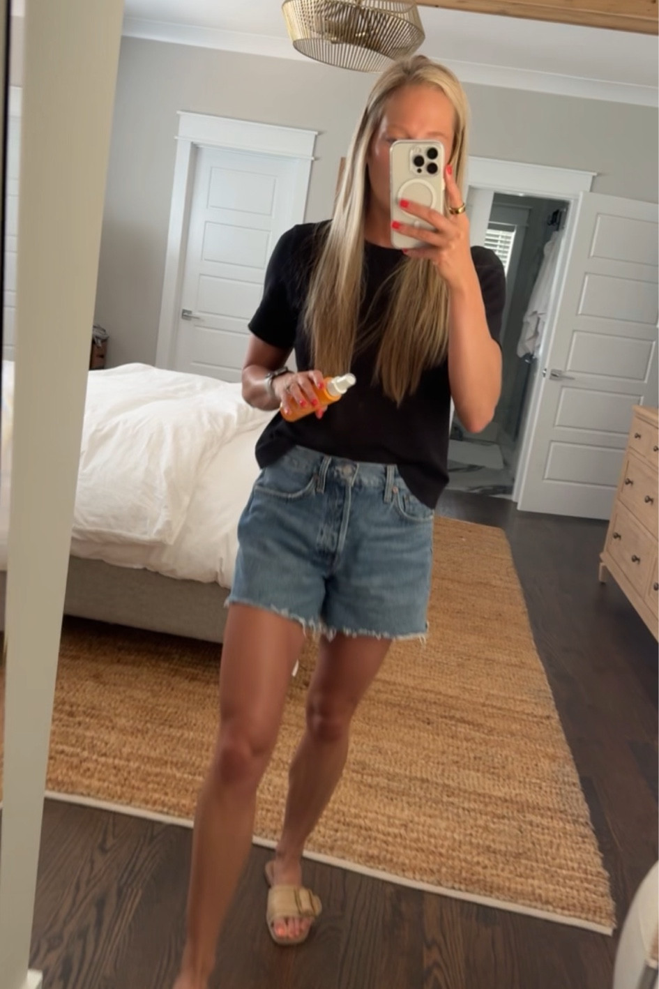 The best jean shorts. Wearing a size 25 bottoms and S top.