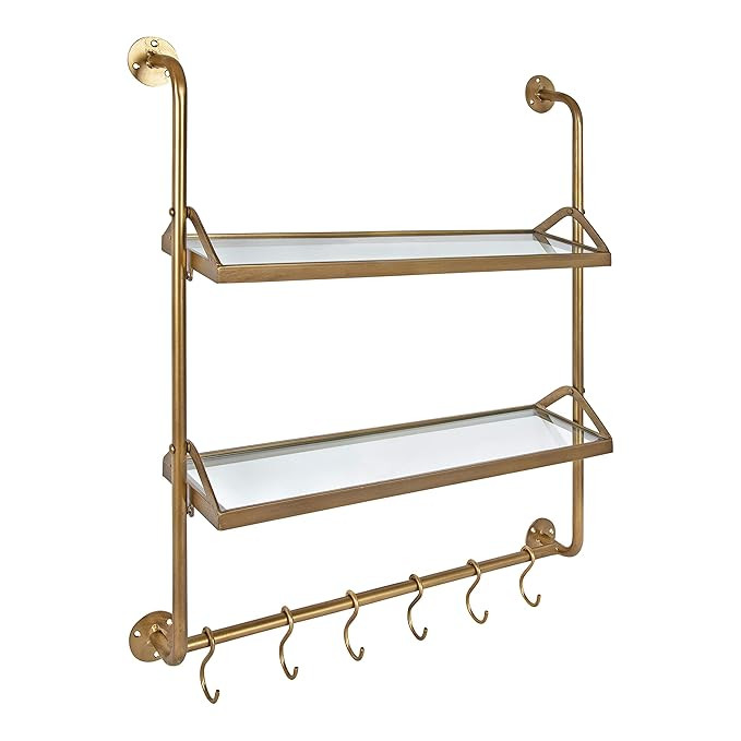 Kate and Laurel Modern Industrial Wall Shelf with Metal Pipe Supports and Glass Shelves, Gold | Amazon (US)