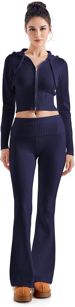 SUUKSESS Women 2 Piece Knit Sets Cropped Zip Up Hoodie Foldover Flare Leg Pants | Amazon (US)