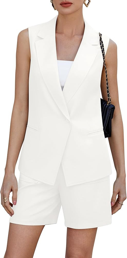 Two Piece Sets for Women Blazer Suit Single Button Notched Collar Vest Summer Shorts Business Cas... | Amazon (US)