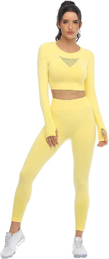 Workout Sets for Women 2 Piece Yoga Gym Outfits Seamless Ribbed Leggings with Long Sleeve Tops | Amazon (US)