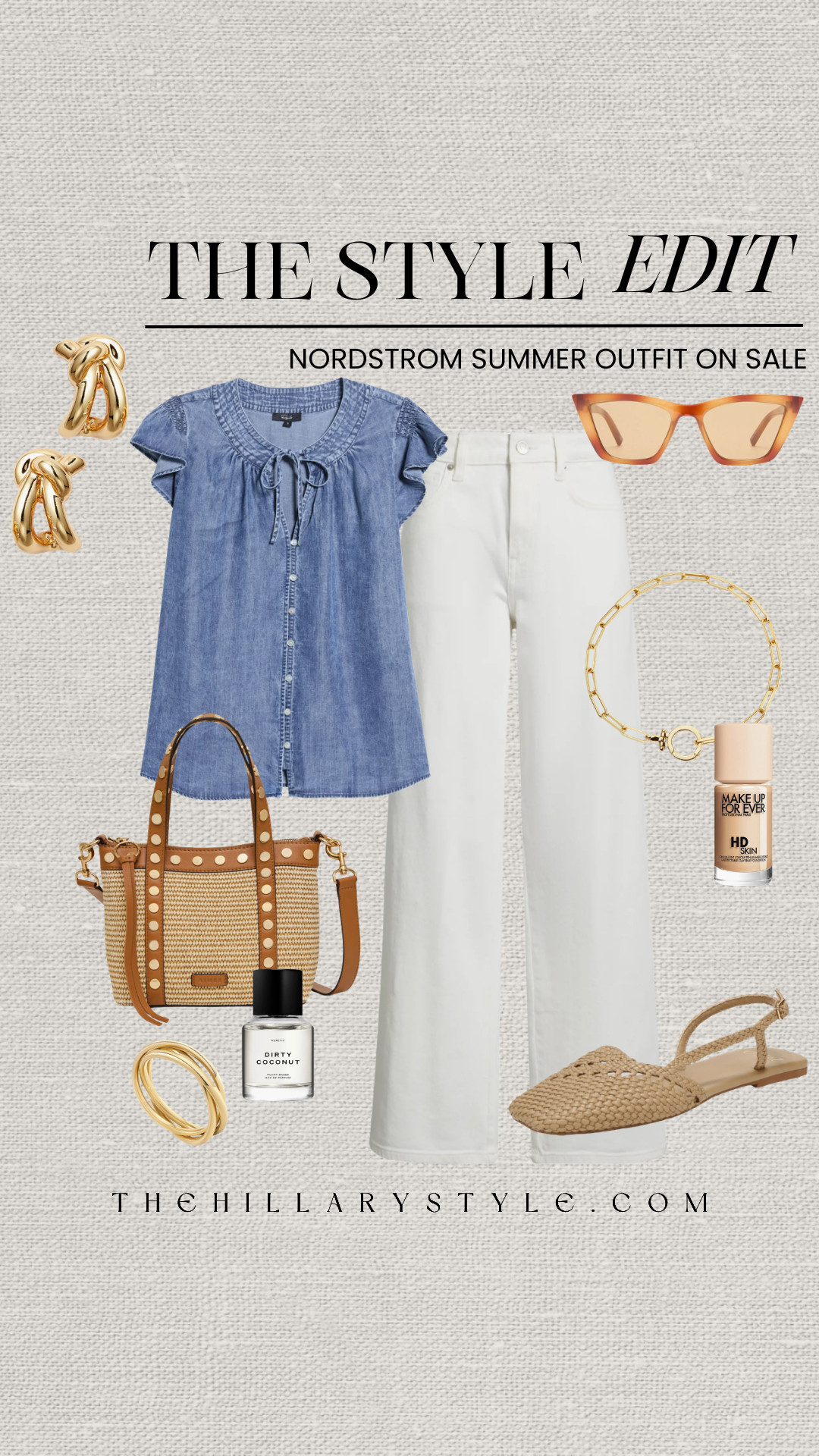 Nordstrom Summer Outfit On Sale: Casual Chic Style Edit

Elevate your warm-weather wardrobe with this effortless chic summer outfit idea from the Nordstrom sale! This curated look features a lightweight denim chambray short sleeve top paired perfectly with high-waisted white wide-leg pants. Complete the aesthetic with gold statement earrings, retro cat-eye sunglasses, a woven straw tote bag, and comfortable neutral flats. Ideal for casual everyday wear, vacation outfits, or a weekend brunch. Shop this complete summer style edit now! 

 #TheHillaryStyle #NordstromSale #NordstromFinds #SummerOutfits #ChambrayShirt #WhiteJeans #CasualChic #EffortlessStyle #VacationOutfits #SummerCapsuleWardrobe #LTKunder100 #PinterestFashion 

#LTKootd #LTKSeasonal #LTKSaleAlert