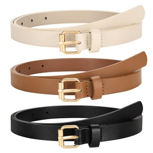 TRIWORKS 3 Pack Women Skinny Leather Belt for Jeans Pants Dress Ladies Thin Waist Belt with Gold Buckle | Amazon (US)