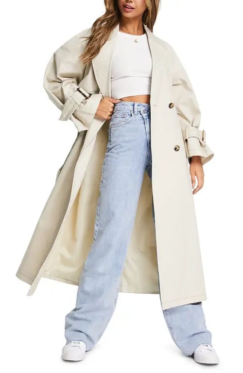 ASOS DESIGN Chuck On Cotton Longline Trench Coat in Stone at Nordstrom, Size 12 Us | Nordstrom