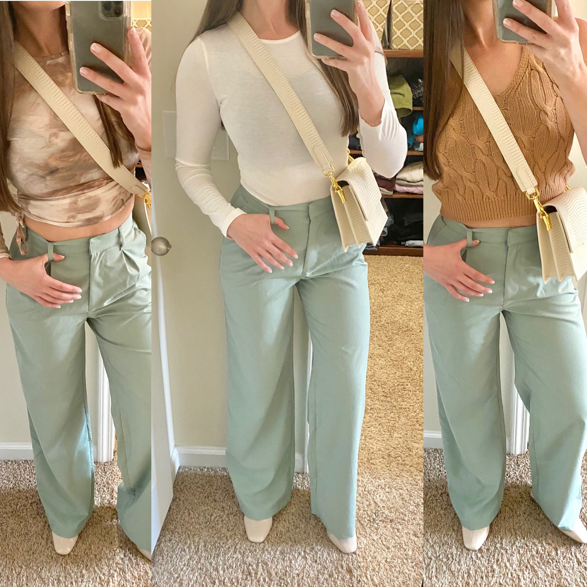 3 ways to wear these #turquoise #pants and #satchel 💕.

#winter #outfit #beige #pastel #boots #parachutepants #weartowork #workwear #dresspants 



#LTKworkwear #LTKstyletip #LTKunder50