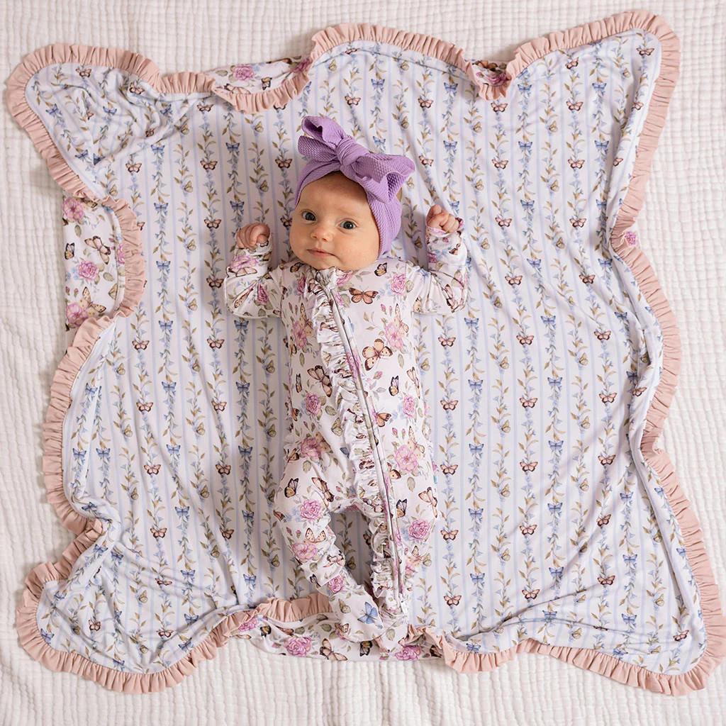 Butterfly Floral Beige Baby Girl Sleeper | Mariselle | Posh Peanut