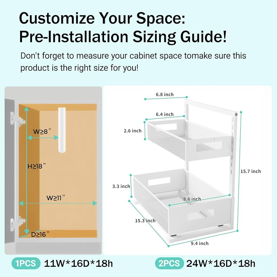 Petiza Under Sink Organizer Adjustable Height 2 Tier Bathroom Organizer Pull Out Cabinet Organer ... | Amazon (US)