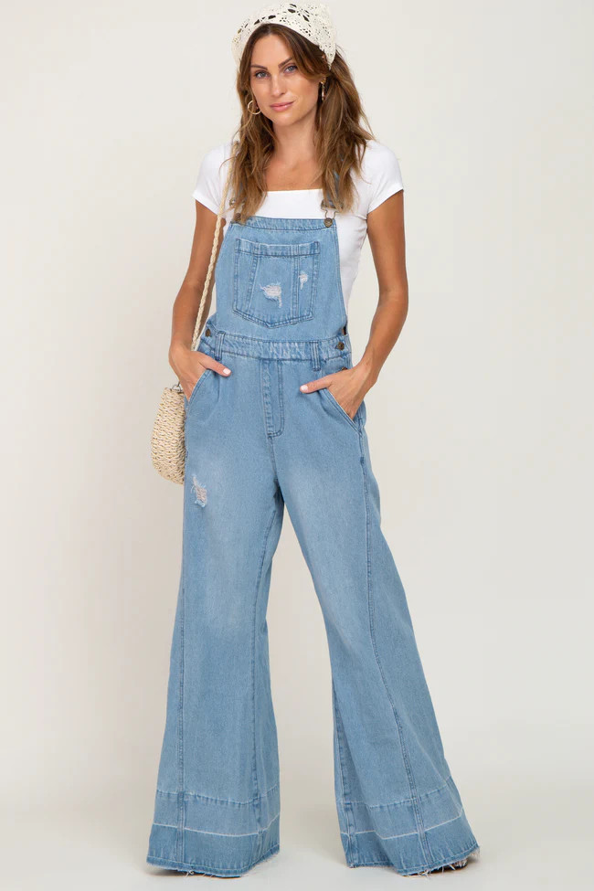 Blue Light Wash Denim Distressed Wide Leg Overalls | PinkBlush Maternity
