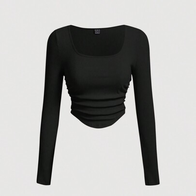 Black Top Spring Date Night Tops Square Neck Ruched Curved Hem Tee | SHEIN