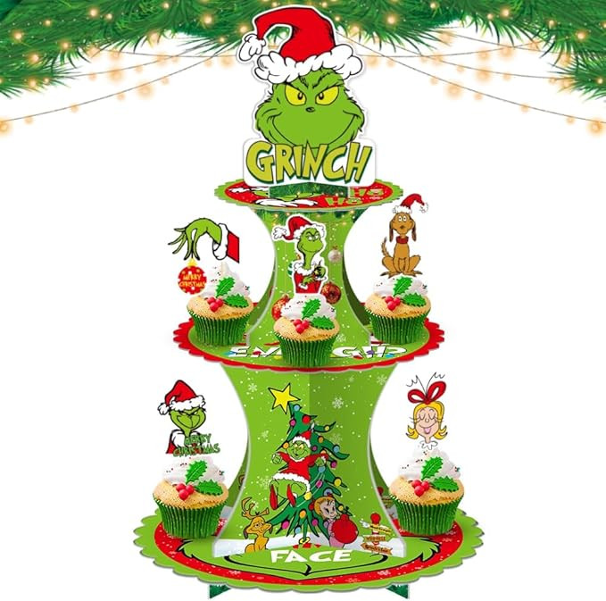 Grinch Cupcake Stand Grinch Christmas Decorations 3 Tiers Cardboard Cupcake Holder Grinch Decorat... | Amazon (US)