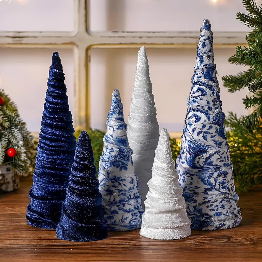 Civaner 6 Pcs Blue White Christmas Decor Chinoiserie Velvet Trees Set Vintage Tabletop Cone Tree ... | Amazon (US)