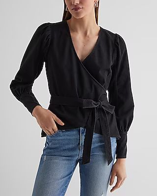 Denim V-Neck Puff Sleeve Faux Wrap Front Top | Express