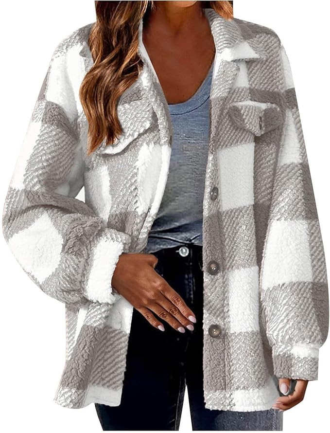 Womens Fuzzy Fleece Plaid Shacket Jacket Buffalo Plaid Flannel Sherpa Puffer Coat Button Down She... | Amazon (US)