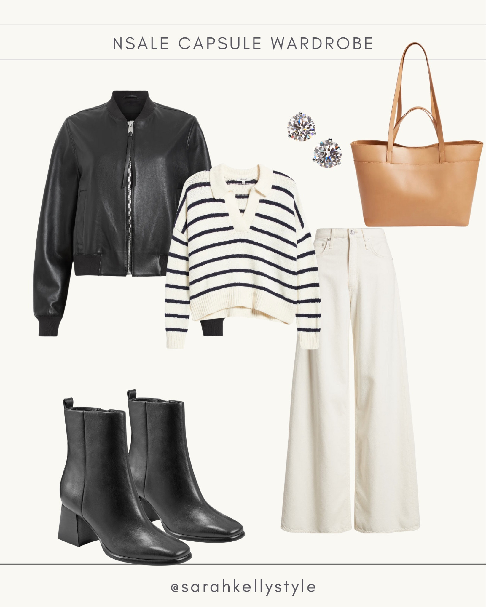 NSALE fall capsule outfit! The white wide leg jeans, look modern paired with some classic black booties, striped sweater and edgy, leather Moto jacket 


#LTKOver40 #LTKxNSale #LTKSummerSales