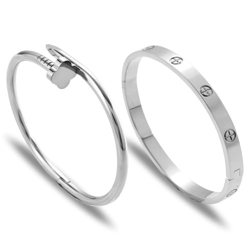 Acnode Gold Clover Bangle for Women - Stackable Stainless Steel Nail Bracelet, Friendship & Love Bangle Bracelet - Trendy Jewelry Set, Ideal Birthday Gift (Silver-C) | Amazon (US)