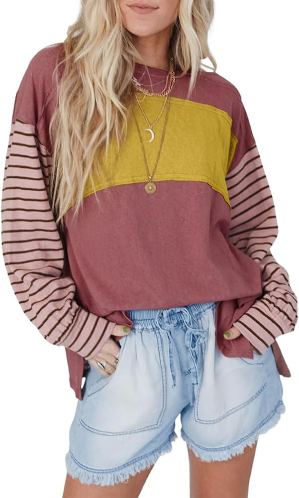 Dokotoo Long Sleeve Fall Tops for Women 2024 Trendy Round Crew Neck Casual Color Block Womens Shi... | Amazon (US)