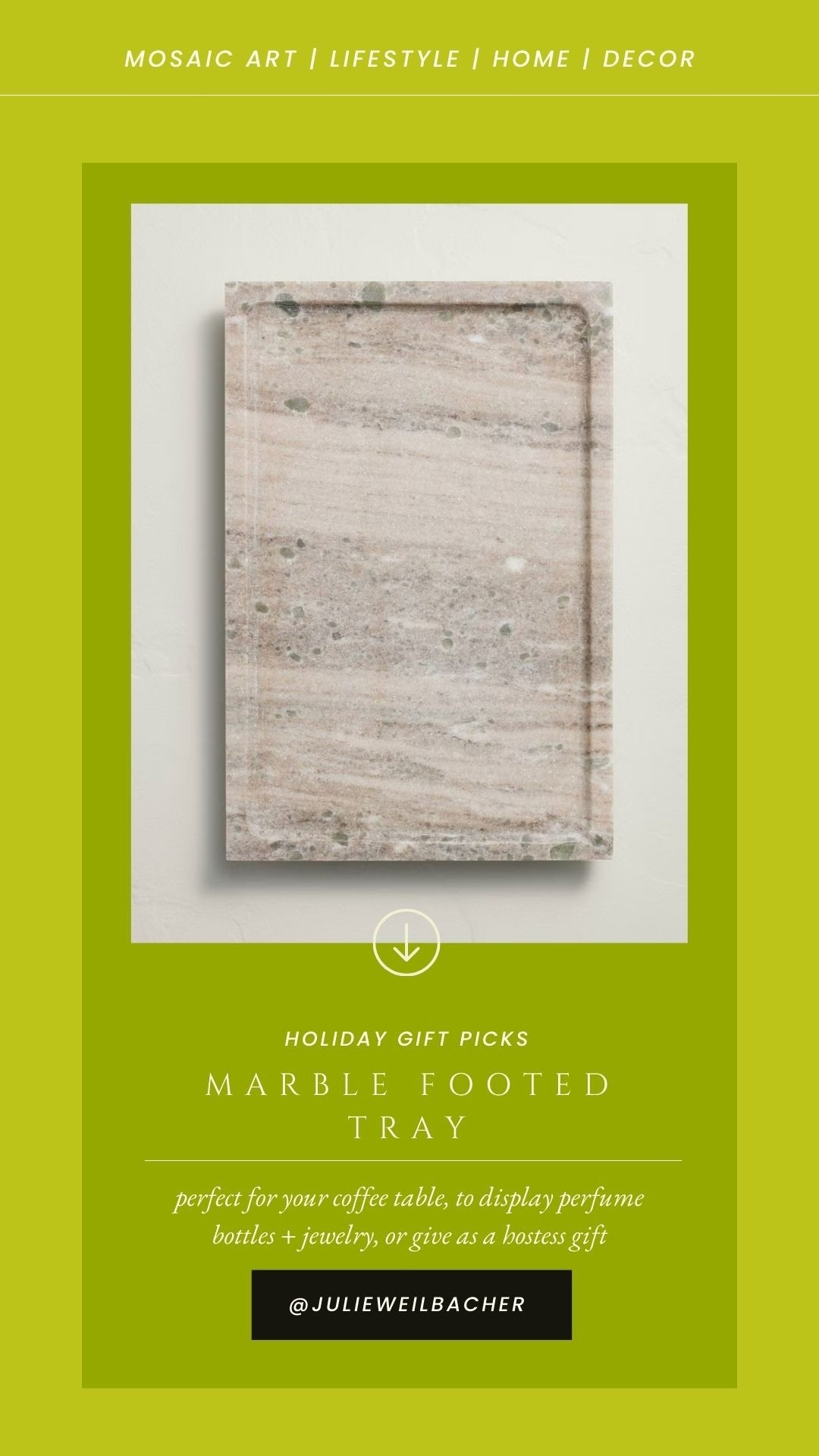 A marble tray is always a good idea. This one features marble in a warm beige and sits on circular wood feet. Use it to gather candles on a coffee table, in the kitchen for cooking oils and salt pot, or in the bathroom to display your fave perfumes, beauty products, and jewelry.

As a mosaic artist this would be fun to use in the studio to keep my adhesive bottles, containers of Sharpies, and hand tools grouped together and close-by. For mosaic tips, tutorials + inspiration please visit my YouTube channel: YouTube.com/julieweilbacher. Follow @julieweilbacher on Instagram for all things mosaic art.

#marbletray #lastminutegiftideas #target #mosaic #traydecor #footedtray #servingtray #rectangletray #hostessgift

#LTKHome #LTKFindsUnder50 #LTKGiftGuide