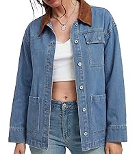 Womens Oversized Denim Jacket 2025 Trendy Button Up Long Sleeve Jean Jacket with Faux Suede Colla... | Amazon (US)
