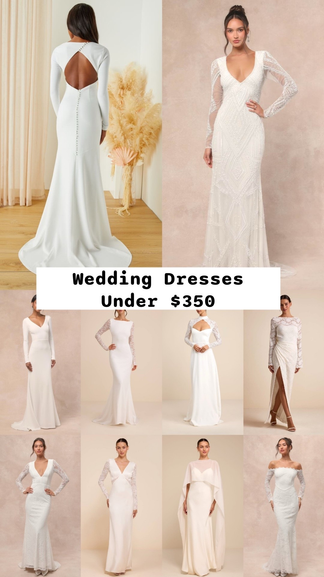 Long sleeve wedding dresses @Lulus under $350 for a fall or winter wedding. 

Elopement wedding dresses, white reception dress, micro wedding dress, affordable wedding dresses, online wedding dresses, affordable bridal.

#LTKWedding #LTKSeasonal