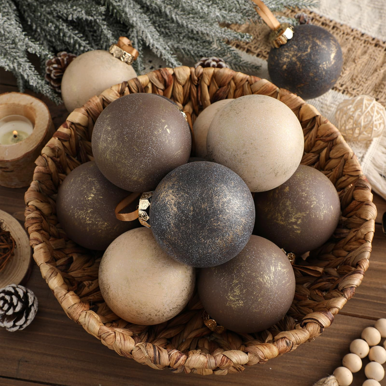 Yunlly 12 Pcs Large Neutral Textured Christmas Ball Ornaments 3.15 Inch Vintage Rustic Metallic Brown Xmas Bulbs Ornament Shatterproof Antique Farmhouse Modern Christmas Home Decor for Tree Holiday | Amazon (US)
