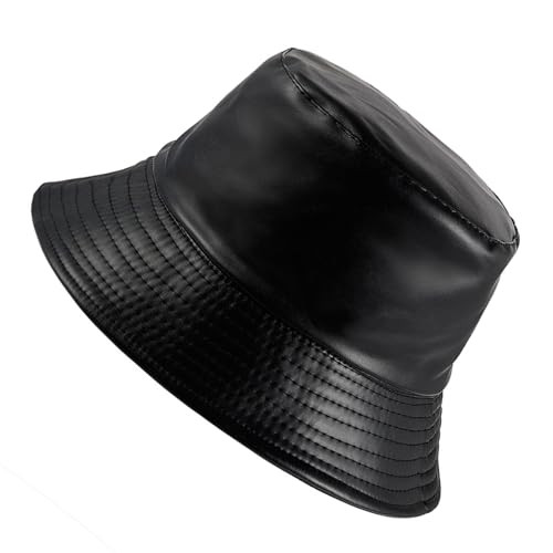 JAZTAKU Black PU Leather Bucket Hat Unisex Fisherman Cap Rain Hat Bonnie Hats Pu Camping Caps | Amazon (US)