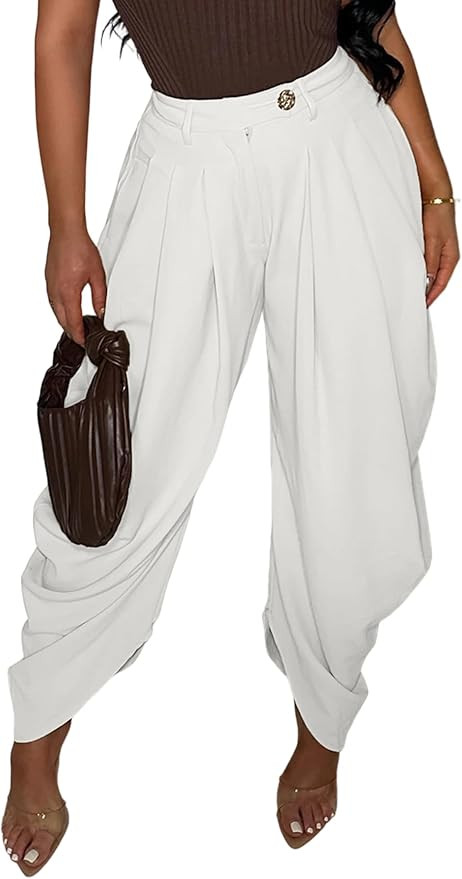 NRTHYE Womens High Waisted Pleated Dress Pants Balloon Work Trouser | Baggy wide leg palazzo dres... | Amazon (US)