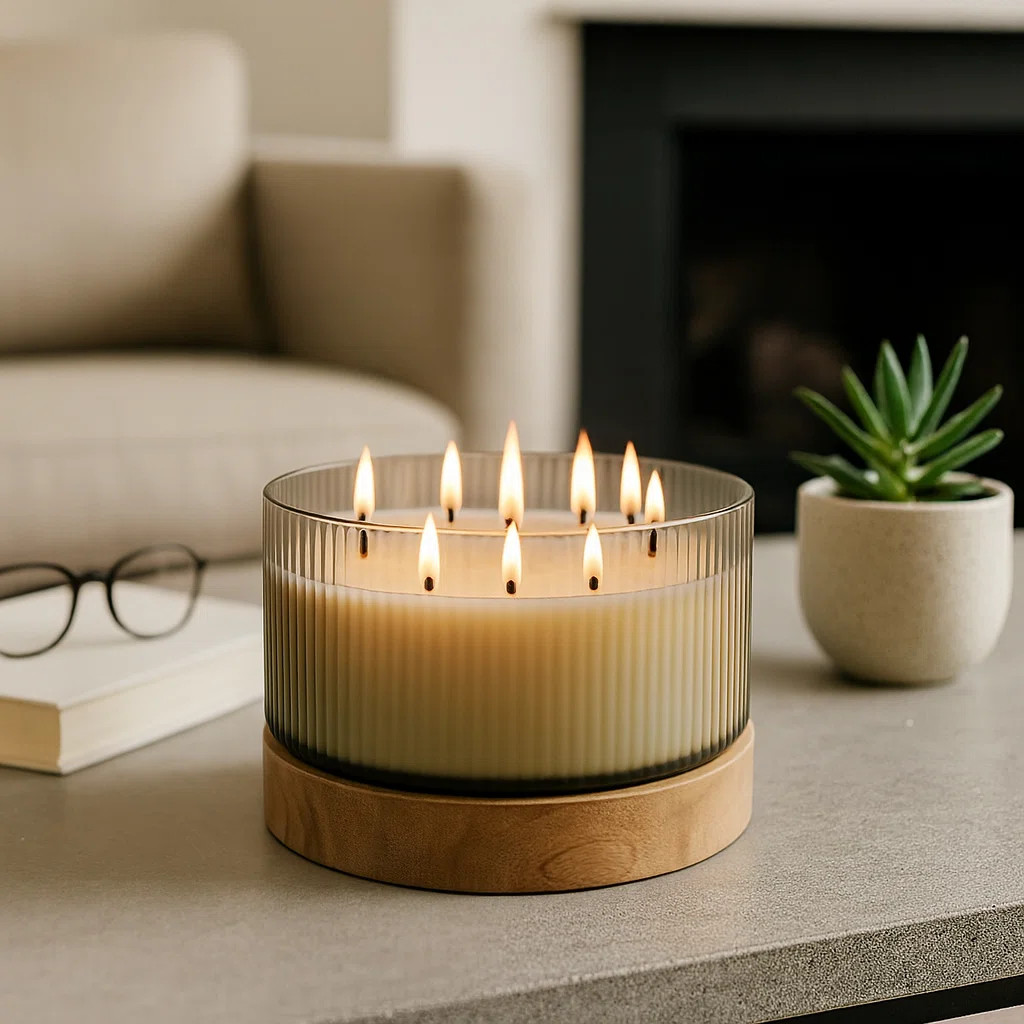Decorative Ribbed Glass Wood Sage & Sea Salt Scented Candle for Bookshelf - Modern Relaxing Accen... | Wayfair North America