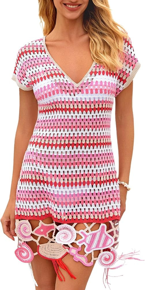 Women's Crochet Beach Cover Up Dress, Boho Tassel Swimsuit Coverup with 3D Ocean Embroidery for S... | Amazon (US)