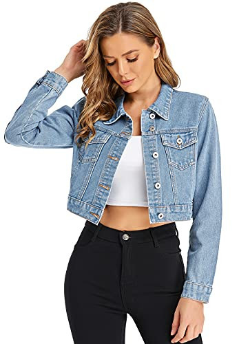 Dilgul Cropped Jean Jacket Denim Jacket for Women Long Sleeves Button Down Jean Jacket with Pockets Light Blue Small | Amazon (US)
